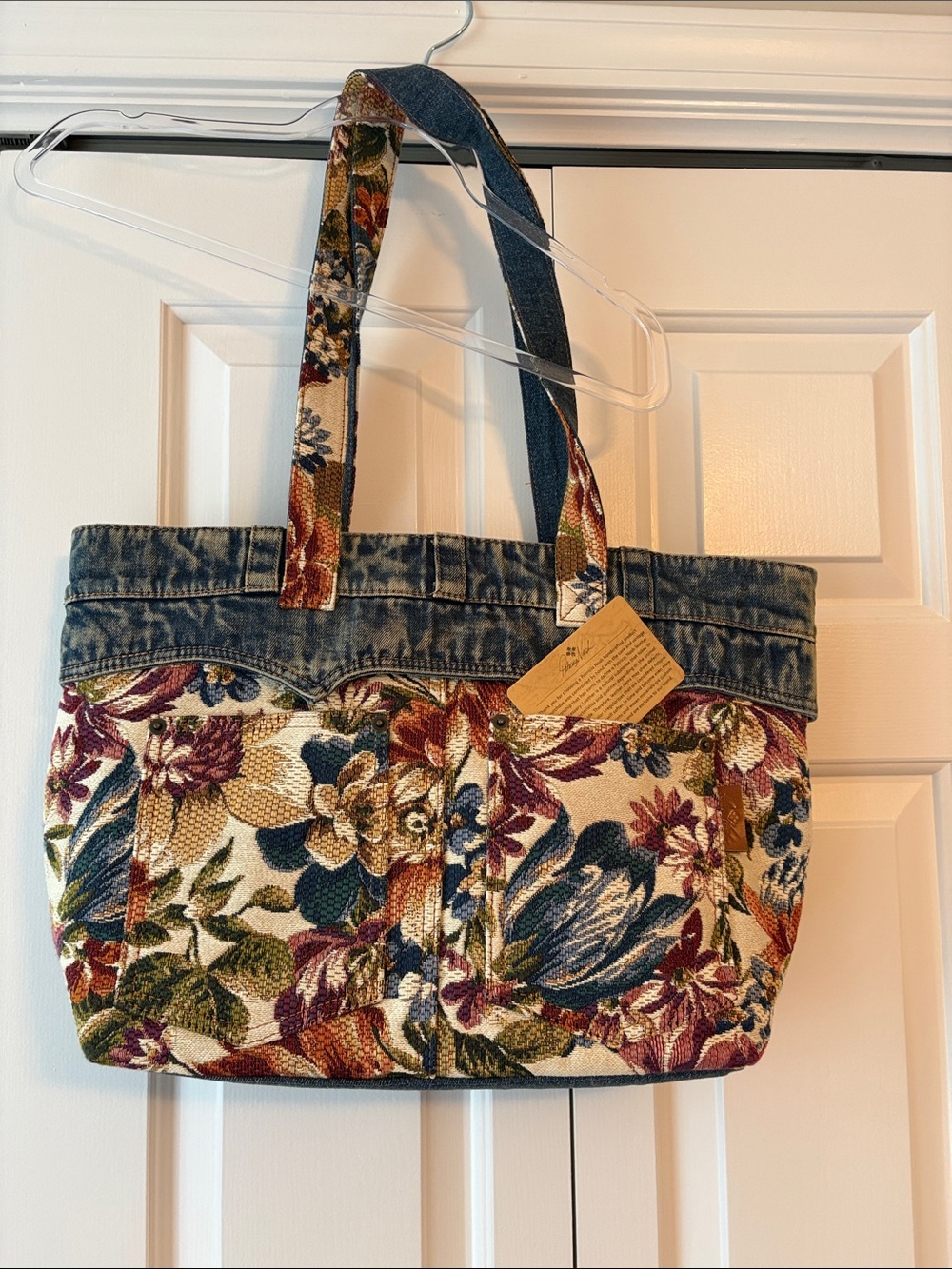 Floral Tapestry Tote Bag with Denim Trim - Multicolor NNT